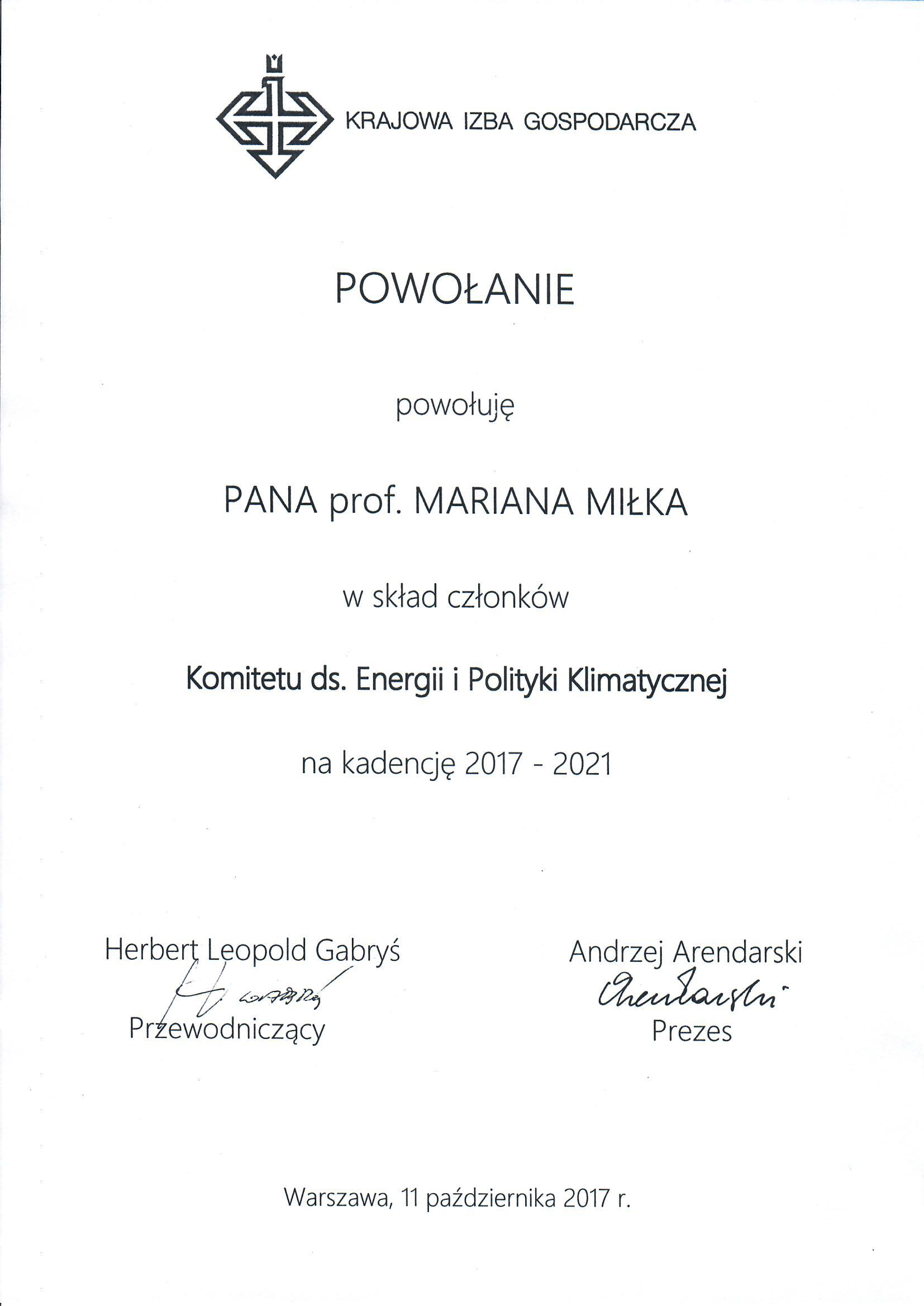 powołanie prof. M. Miłka do Komitetu.jpg