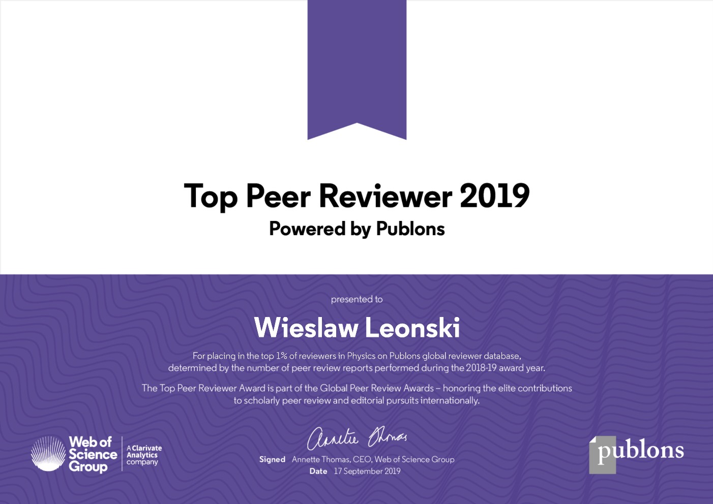 WieslawLeonski - Tom reviewers in Physics award 2019 wł.jpg