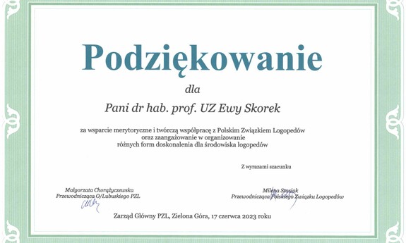 Podziękowanie dla dr hab. Ewy M. Skorek, prof. UZ od Polskiego Związku Logopedów